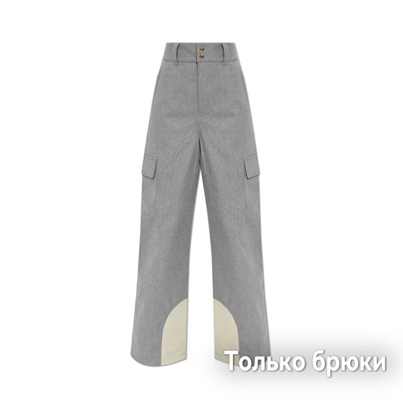 Women Color Block Spliced Ski Set Fleece Lined Stand Collar Zip Jacket Multi‑Pocket Wide Leg Trousers 2026 Winter Fashion Outfit