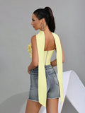 Sexy Splice Appliques Sling Fishbone Top With Ribbon Solid Flowers Backless Party Nightclub Birthday Bandage Tank Top