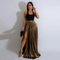 Women Fashion  Spring High Side Split Big Swing Pleated Floor Length Skirt High Waist Street Party Long Maxi Skirts