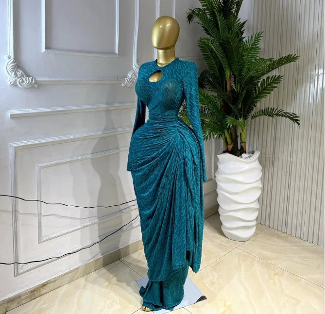 Women O-neck Ribbon Ruched Long Sleeve Bodycon Maxi Long Dress 2026 Summer Sexy Birthday Party Vacation Trendy Dresses