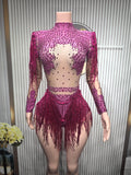 Sexy Skinny Leotard Singer Dancer Show StageWear Sparkly Blue Rhinestones Women DanceCostume Fringes One Shoulder Bodysuit  7G