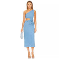 Flower Beads Glam Hollow Waist Slanted Shoulder Blue Dress Fashion Elegant Party Bandage Stage Performance Dress Vestido De Gala