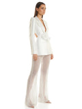Elegant Beaded pearls blazer pants set Suits women flower white slim blazer +Sexy Mesh See Through sequin Trousers two-piece set