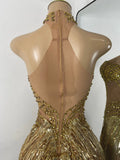 Sparkly Rhinestones Pearls Women Sexy Sleeveless High Split Mesh See Through Birthday Dress Nightclub Party Performance Costume