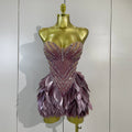 Sparkly Diamonds Leaf Sexy Mesh See Through Strapless Bodycon Dress Luxury Birthday Evening Party Outfit Nightclub Stage Costume