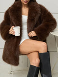 Luxury Faux Fur Shawl Lapel Midi Coat for Women Long Sleeve PU Leather Tie Waist Belt for Winter Daily Party Going Out Wear