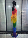 Rainbow Color Women Sexy Off the Shoulder Fringes Bodycon Long Gowns Dress Elegant Evening Party Celebrate Prom Outfit