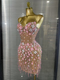 Shining Rhinestones Women Sexy Strapless Mesh See Through Florals Bodycon Mini Dress Performance Costumes Celebrate Stage Wear