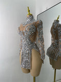 Sparkly Sequins  Gold Silver Mini Dress Women Sexy Split Nightclub Party Performance Dresses Birthday Celerbity Stage Outfit