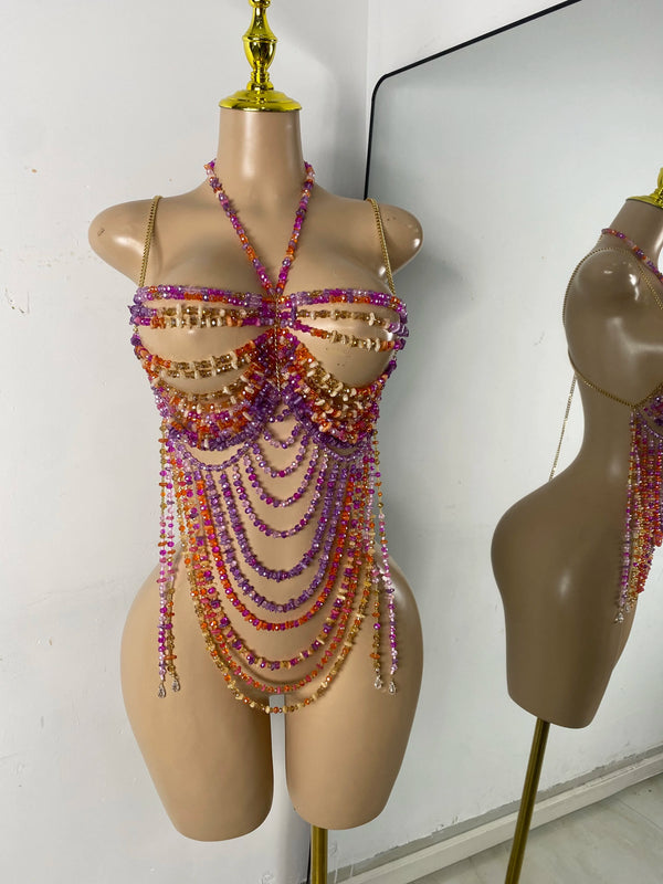 Crystal Rhinestone Tassel Body Chain Harness Bra for Women Multi-layer Shiny Gemstone Body Jewelry Sexy Halter Neck Bikini Chest