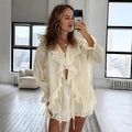 New Casual Shorts Two-piece Set Women's Ruffled Loose Tie Top Simple Shorts Set Office Lady Summer Female Shorts Set