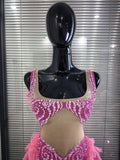 Pink Mesh Ruffles Women Sleeveless Sexy Shining Rhinestones Bodycon Mini Dress Celebrate Bar Singer Birthday Photoshoot Wear