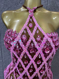 Sexy Crystal Mesh Halter Mini Dress Women Sheer Sequin Embellished Bodycon Outfit Birthday Party Nightclub Performance Costume