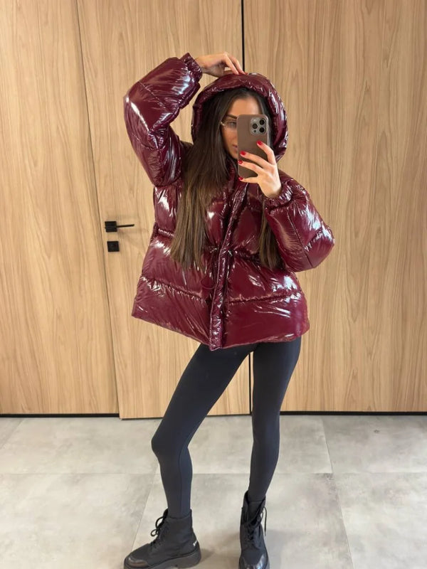Solid Shiny Hooded Quilted Jacket Ladies Full Sleeve High Neck Zipper Fluffy Thermal Coat Lady Autumn Winter Casual Jacket 2026