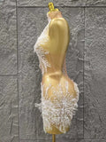 Glamorous Mesh See Through Pearl Lace Party Mini Dress Celebrate Birthday Photo Shoot Wear Performance Stage Costume