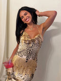 Sexy Fashion Long Dress Woman Leopard Print Lace-Up Halter Backless Sleeveless Shape Waist Ruffles Elegant Vestidos