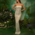 Solid Slimming Fashion Dresses for Women Strapless Sleeveless Patchwork Sequins Midi Split Dress Female Clothing