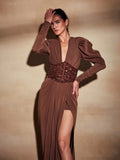 Women Brown Beaded Corset Design Maxi Dress V Neck Long Sleeves Waist Cinching Slim Dresses Fashion Evening Party Gowns