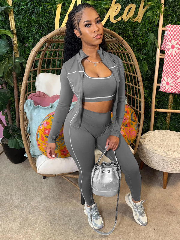 Casual 3 Piece Set Women Tracksuit Elastic Vest+Zip Jacket+Leggings Matching Street Sporty Fitness Street Shapewear