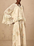 Prairie Chic Two Piece Set for Women V Neck Long Sleeve Patchwork Ruched Top High Waist A Line dress Printed Outfits Female