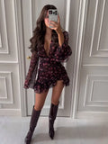 Elegant Flora Painted Ruffle Mini Dress Women Chic Full Sleeve Deep V-neck Slim A-line Short Robe 2026 Lady Vacation Street Gown