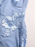 Hot Girl Blue Maxi Dresses for Women Square Collar Sleeveless Patchwork Embroidery Party Fishtail Dress Female New
