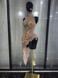 Shining Rhinestones Women Sexy Off the Shoulder Mesh See Through Bodycon Mid-calf Dress Nightclub Party Celebrate Stage Wear