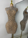 Gold Party Evening Short Dress Sparkly Diamonds Luxury Elegant Mesh See Throught Cocktail Birthday Clothing Night Club Show Wear