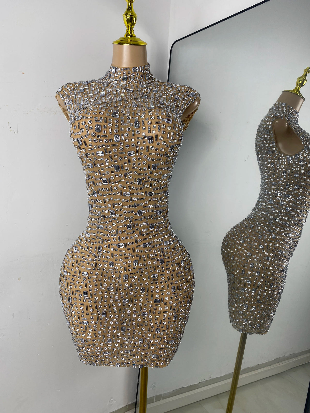 Gold Party Evening Short Dress Sparkly Diamonds Luxury Elegant Mesh See Throught Cocktail Birthday Clothing Night Club Show Wear