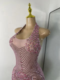 Wome Sexy Sparkly Diamond Halter Backless Bodycon See Through Outfit Birthday Dress Dancer Nightclub Performance Stage Costume