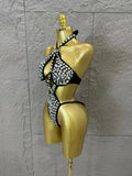 Gold Luxurious Black Bodysuit Women Sexy Halter Neck Iridescent Crystal Embellished Cutout Outfit Stage Performance Costume