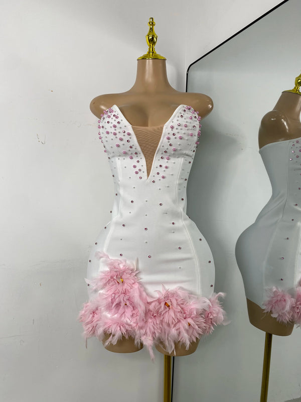 Luxury Pearl Women Sexy Elegant Strapless Floral Beading Bandage Mini Celebrity Outfit Birthday Dress Evening Party Prom Gown
