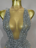 Sparkly Silver Diamonds Tassel Mesh Sheer Bodysuits Eveing Birthday Party Latin Dancer Bar Nightclub Sexy Stage Costume