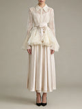 White Two Piece Set for Women Lapel Flare Sleeve Spliced Ruffles Lace Blouse High Waist Simpel Vest Dress Fairy Suit Female