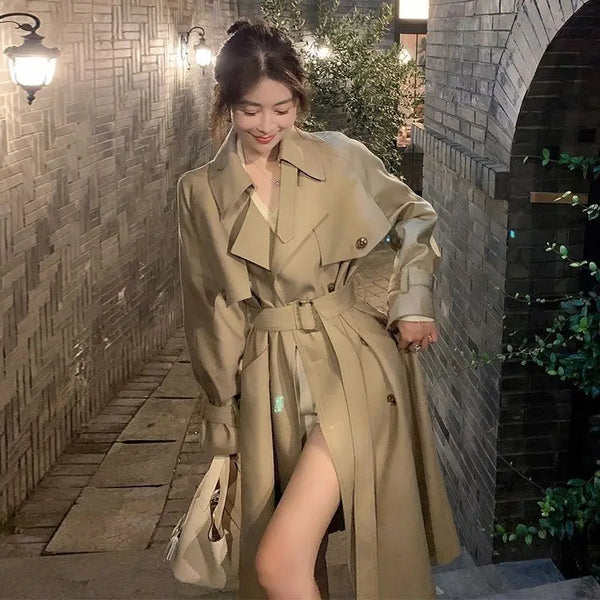 Elegant British Detective Vintage Warm Trench Coat Women Petite Double Breasted Belted Waist Nude Color Mid Length Casual Outfit