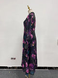 Elegant Floral Printing Long Dressess For Women Stand Collar Lantern High Waist Spliceed Rivet Hollow Out Dress Female New