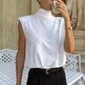 Romantic Dates White Dot Print Tank Top for Women Bow Neck Sleeveless Back Slit Design Slimming for Office Commute