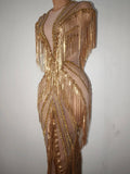 Women Sexy Mesh Sparkly Rhinestone Tassels Stretch Long Dress Evening Nightclub Singer Dance Stage Costume Luxury Birthday Gowns