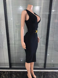 High Quality Women Sleeveless Sexy Tank V-Neck Bodycon Midi Bandage Dress Elegant Evening Party Office Lady Celebrate Outfit