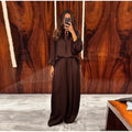 Solid Color Tie Neck Satin Blouse Wide Leg Pants Two Piece Set Long Sleeve Loose Fit 2026 Spring Daily Vacation Women Outfit