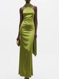 Elegant Satin Halter Floor length Dress for Women Draped Scarf Detail Sleeveless Fitted Column Mermaid Evening Party Gown