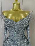 Sexy Sparkly Rhinestone Performance Dancer Stage Bodysuit With Gloves Women Birthday Party Nightclub Bar Dancer Photoshoot Wear