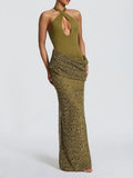 Glam Halter Cutout Maxi Dress for Women Solid Sleeveless Bodice Sequin Draped Wrap Skirt Back Slit for Evening Occasions