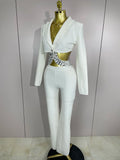 Women Celebrity Designer Fashion Women Luxury Birthday Set Sexy Cut Out Long Sleeve Beading Bodycon Two Pieces Pants Bandage Set