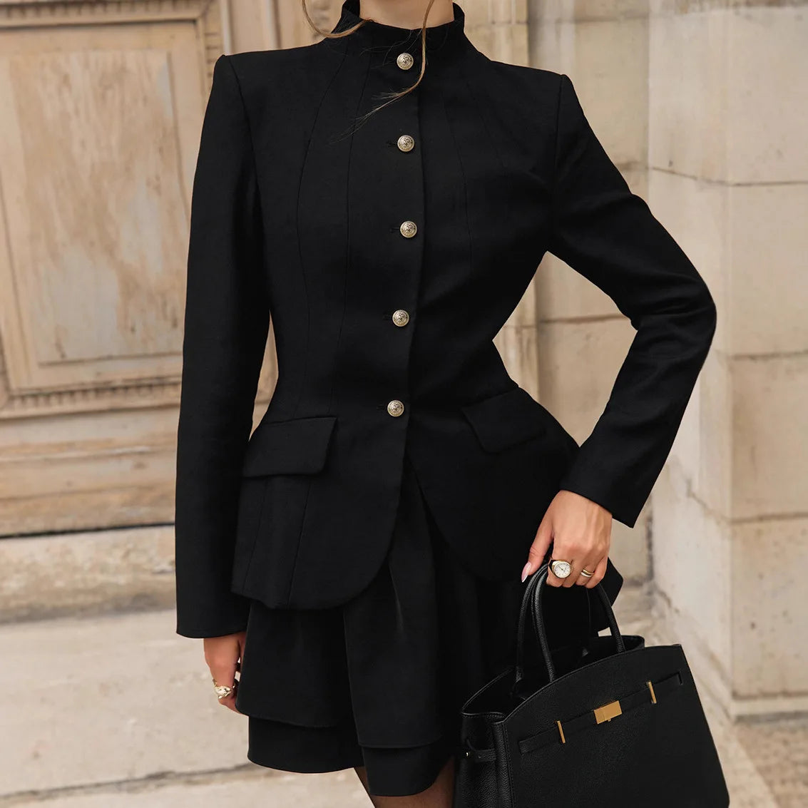 Autumn Retro Two Piece Set for Women Stand Collar Slim Long Sleeve Versatile Top Short Skirt Commuter Suits Female