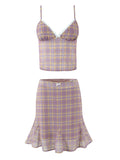 Casual Coffee Polka Dot Two Piece Set for Women Lace Trim Cami Sheer Mesh Ruffled Midi Skirt Set for Vintage Dates