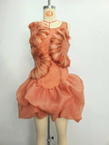 Fashion Orange 3D Floral Appliquet Mini Dress for Women Sleeveless O Neck Slim Sheer Tulle Puffed Skirt for Themed Parties