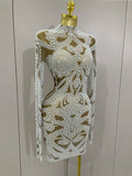 New High-end Elegant Evening Gown AB Rhinestones Pearls Luxury Long Sleeves Mesh Dress Women Cocktail Party Wedding Costume