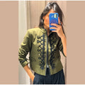 Women Woven Patchwork Napoleon Jacket Shoulder Pad Long Sleeve Hook Closure Street Blazer 2026 Spring Chic Casual Edgy Crop Coat
