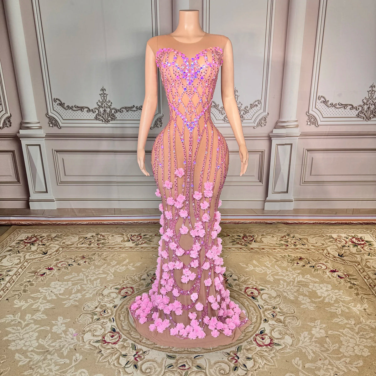 Tie Sleeveless Floral Backless Evening Gown Luxurious Mermaid Dress